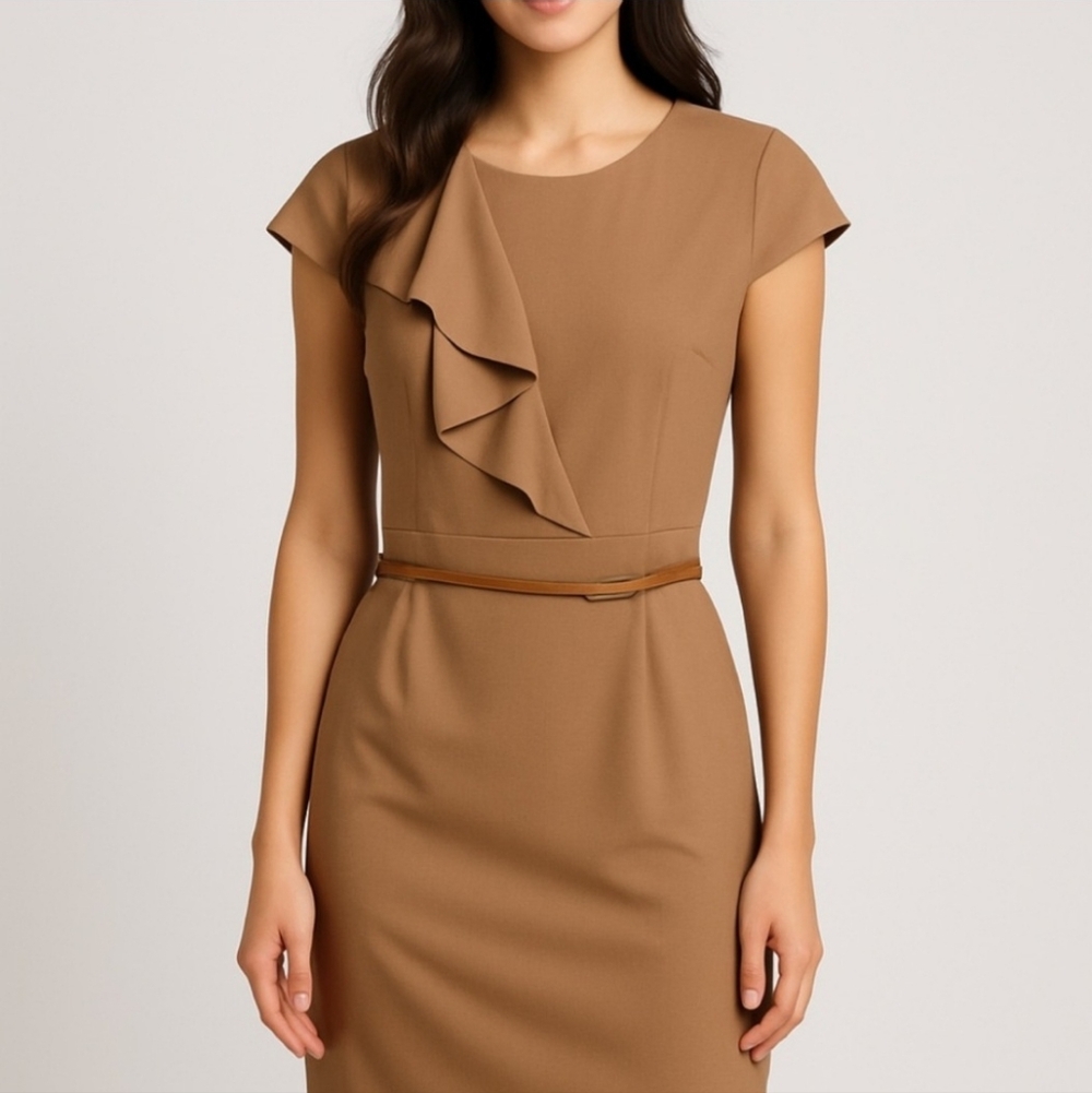 Brooks Brothers Camel Ruffled Sheath Dress NWT Size 10